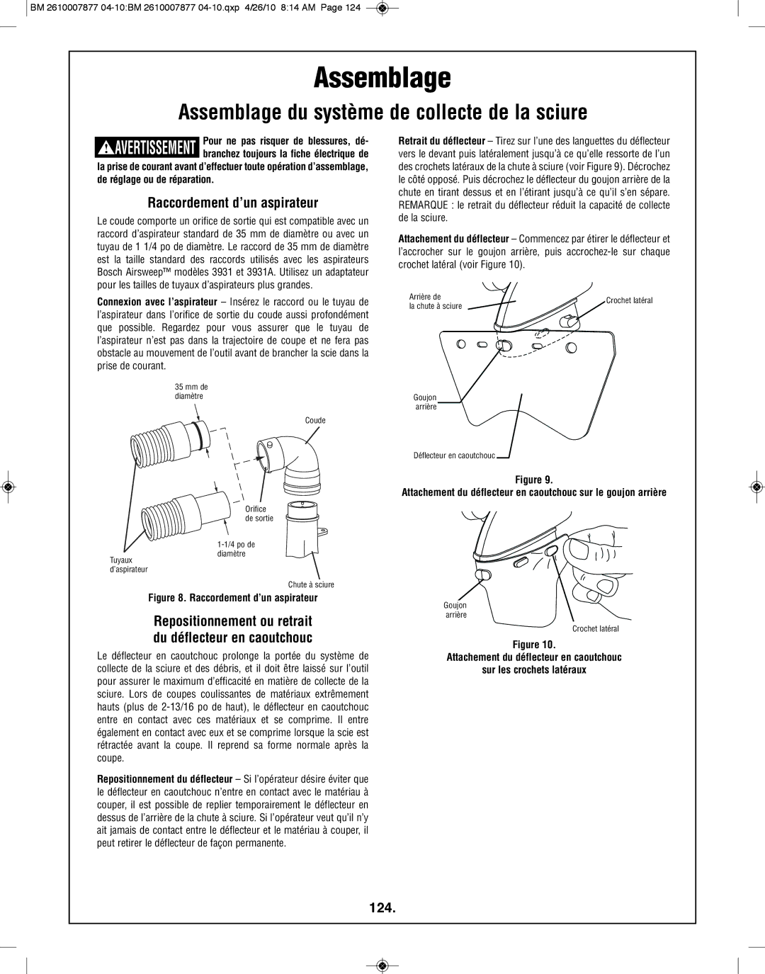 Bosch Power Tools GCM12SD manual Raccordement d’un aspirateur, 124, Repositionnement ou retrait du déflecteur en caoutchouc 