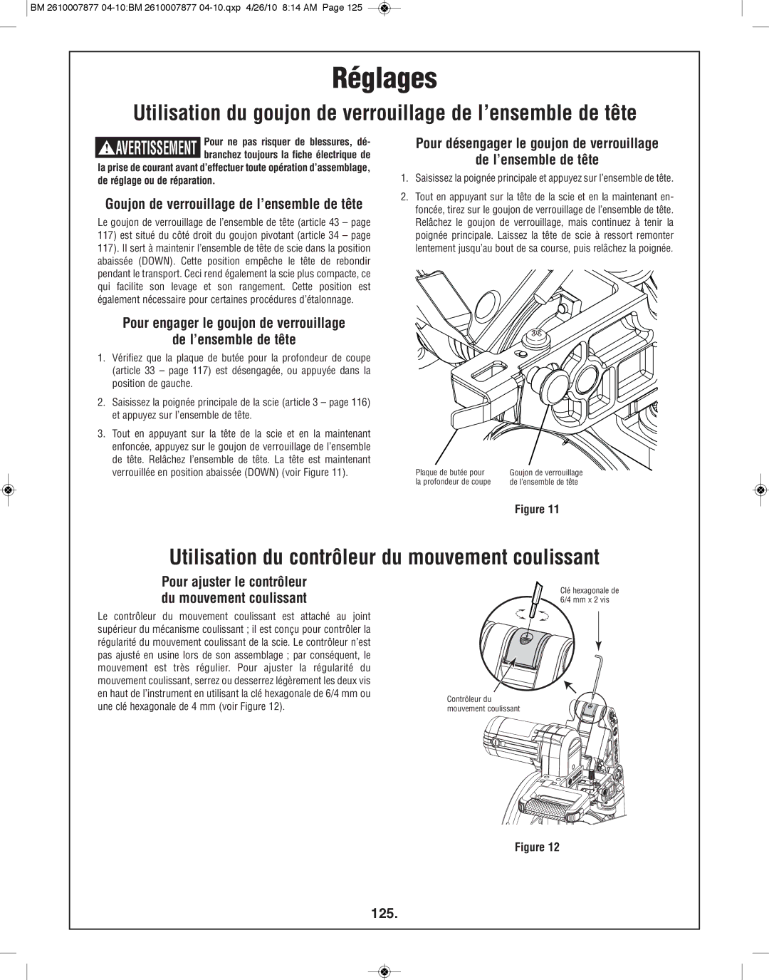 Bosch Power Tools GCM12SD manual Réglages, Utilisation du goujon de verrouillage de l’ensemble de tête, 125 