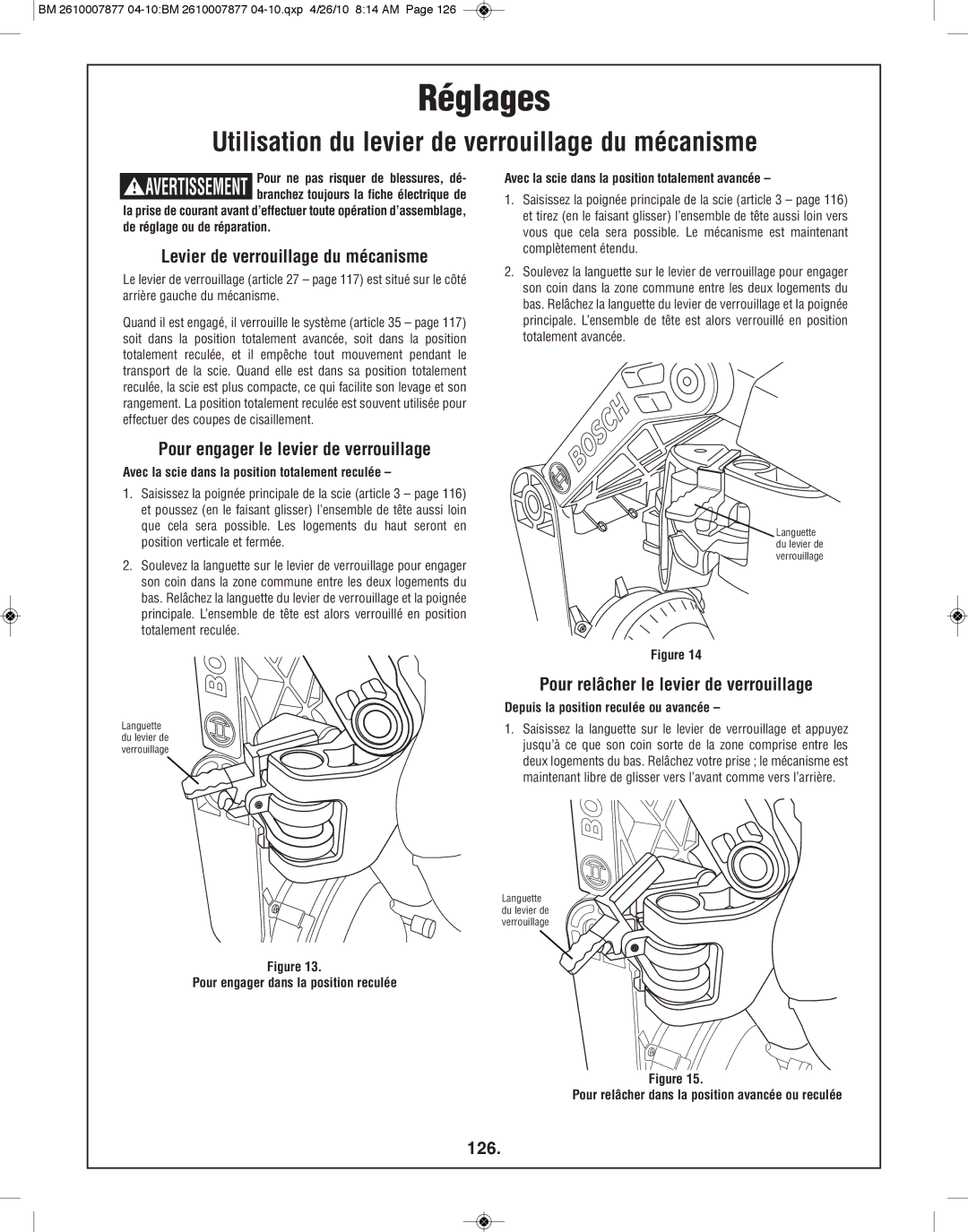 Bosch Power Tools GCM12SD Utilisation du levier de verrouillage du mécanisme, Levier de verrouillage du mécanisme, 126 