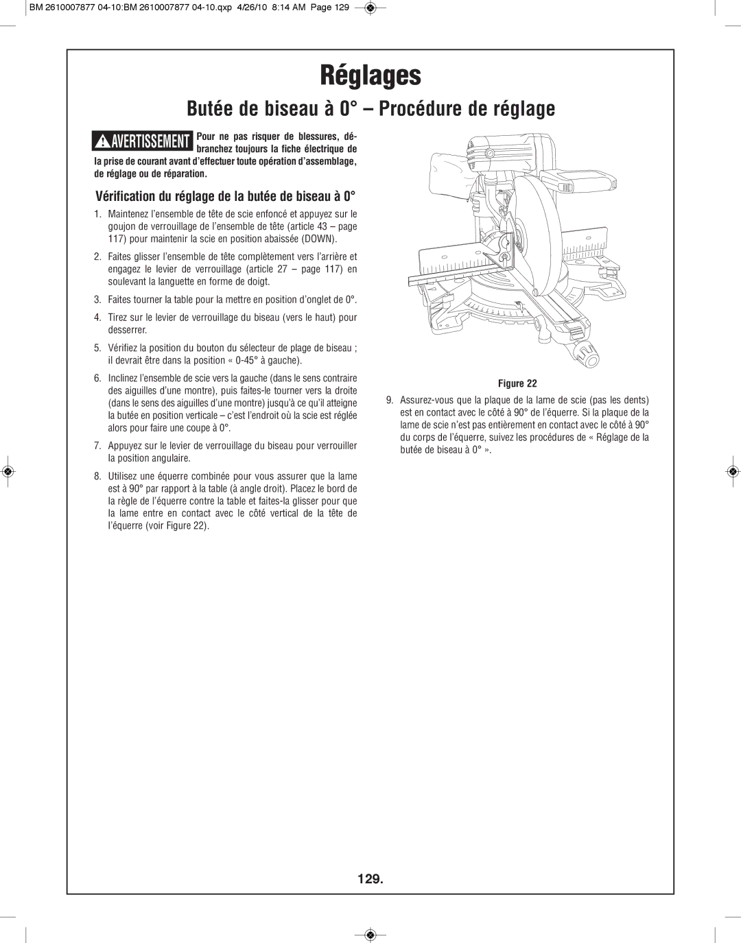 Bosch Power Tools GCM12SD manual Butée de biseau à 0 Procédure de réglage, 129 