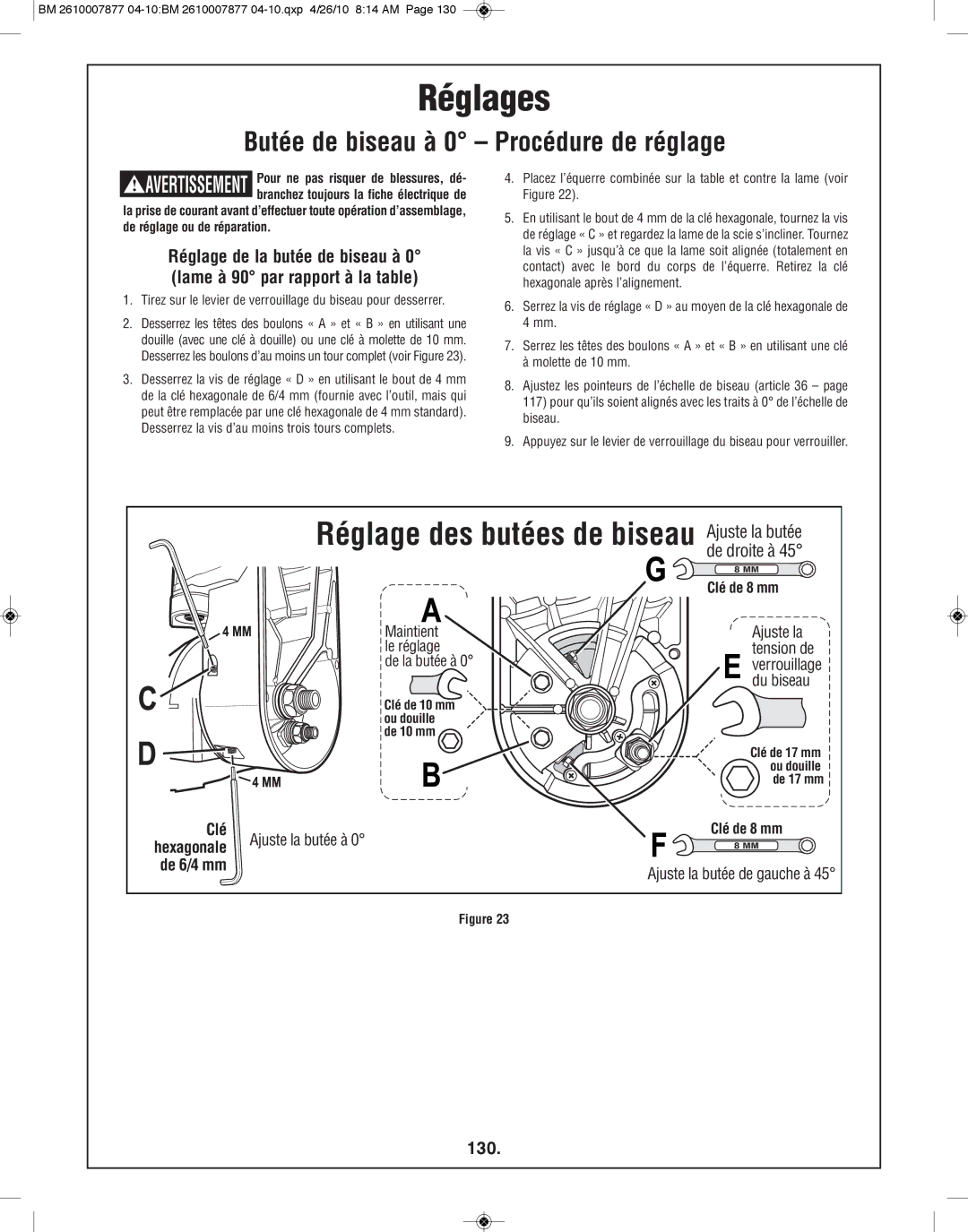 Bosch Power Tools GCM12SD manual 130, Clé de 8 mm, Maintient le réglage, Clé de 10 mm ou douille de 10 mm 