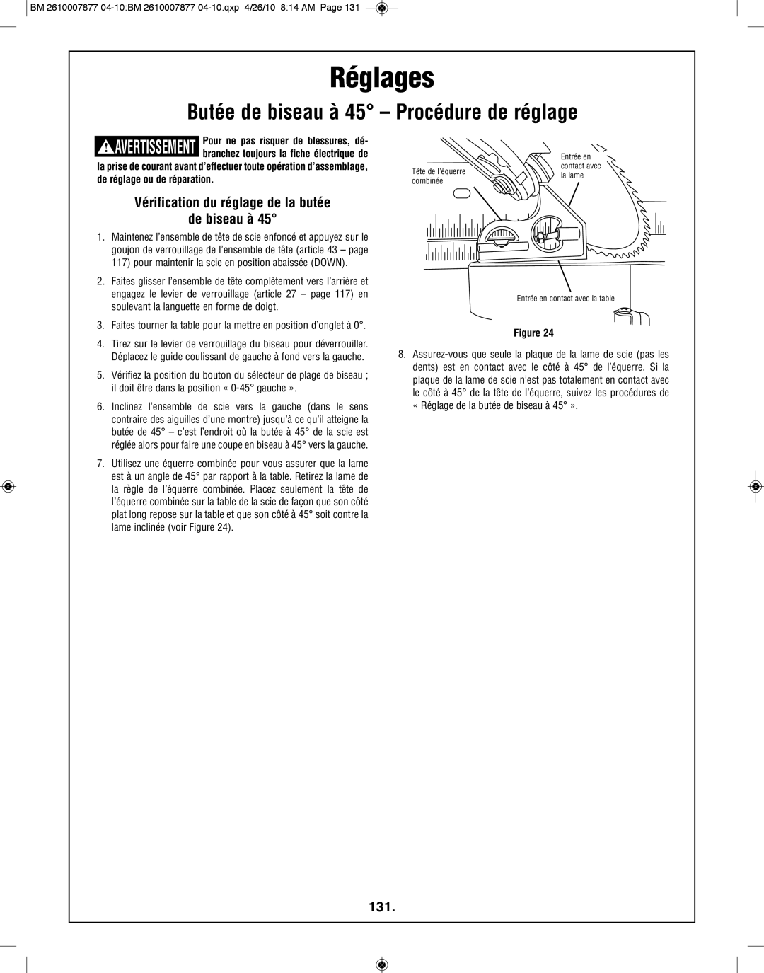 Bosch Power Tools GCM12SD Butée de biseau à 45 Procédure de réglage, Vérification du réglage de la butée De biseau à, 131 