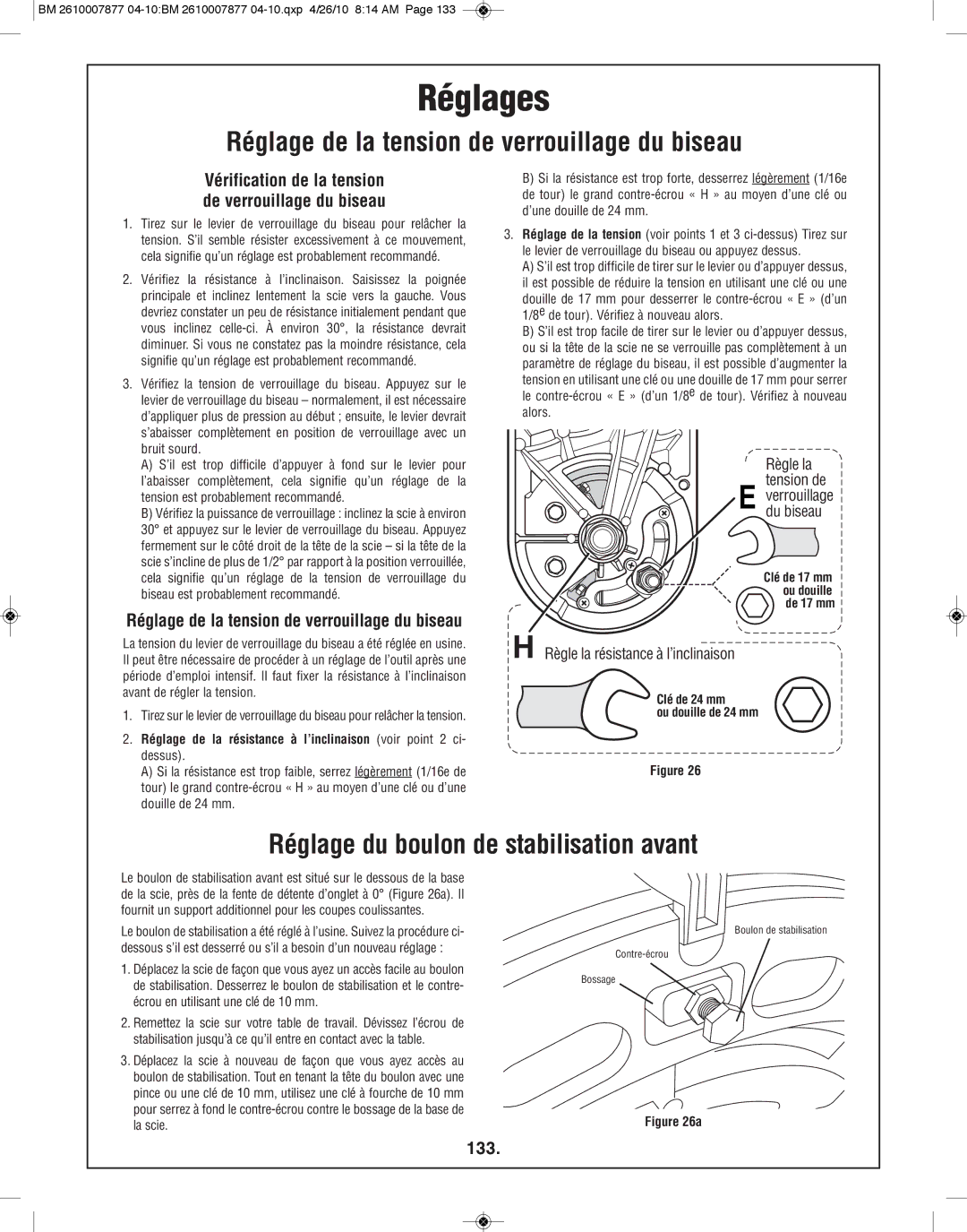 Bosch Power Tools GCM12SD Réglage de la tension de verrouillage du biseau, Réglage du boulon de stabilisation avant, 133 