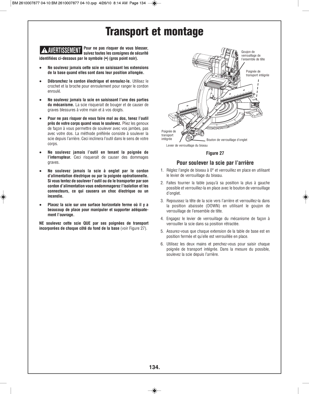 Bosch Power Tools GCM12SD manual Transport et montage, Pour soulever la scie par l’arrière, 134 