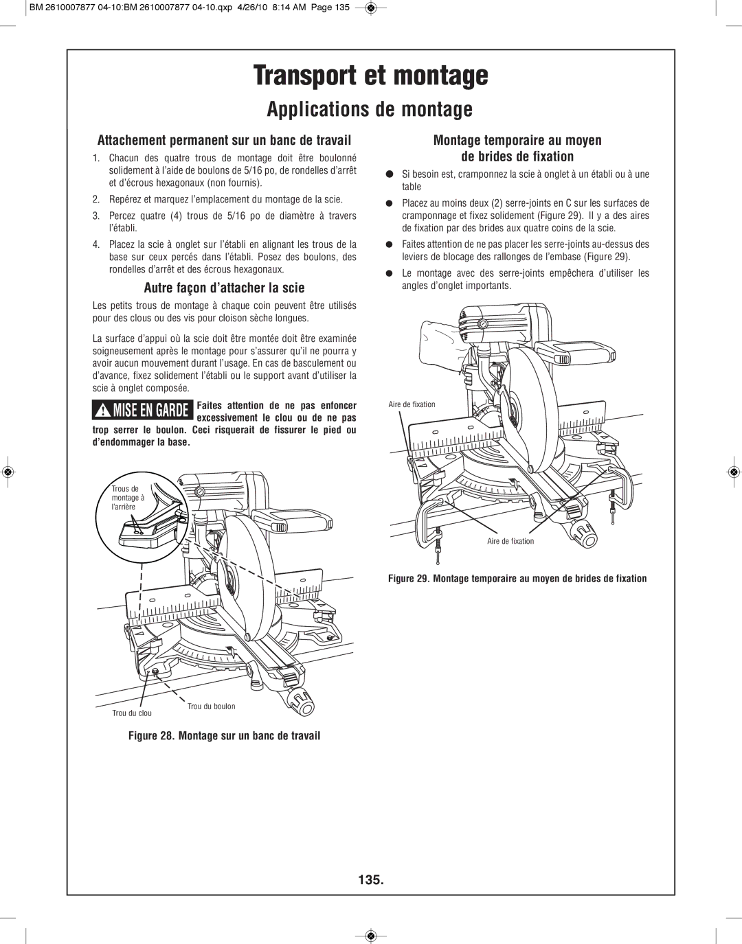 Bosch Power Tools GCM12SD manual Applications de montage, Autre façon d’attacher la scie, 135 