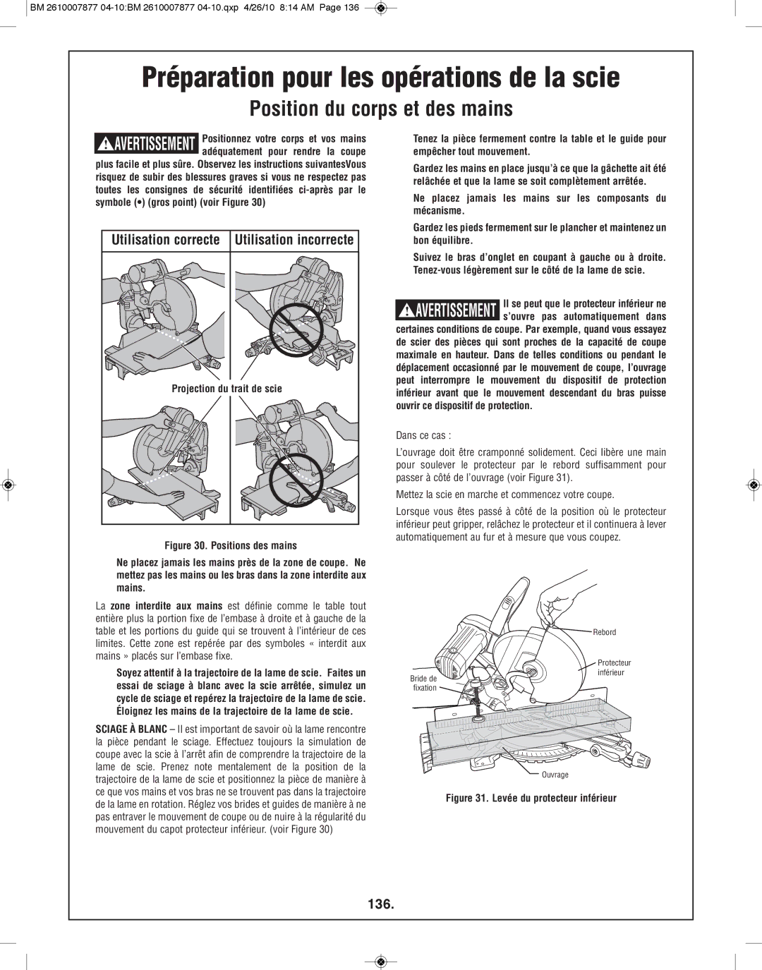 Bosch Power Tools GCM12SD manual Préparation pour les opérations de la scie, Position du corps et des mains, 136 