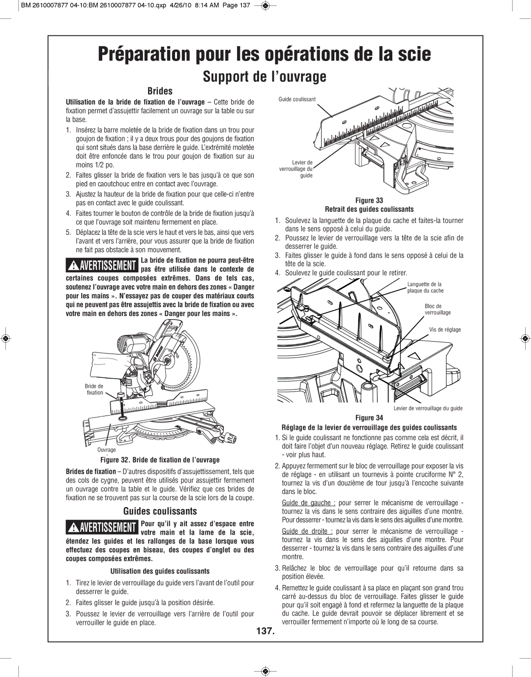 Bosch Power Tools GCM12SD manual Support de l’ouvrage, Brides, Guides coulissants, 137 