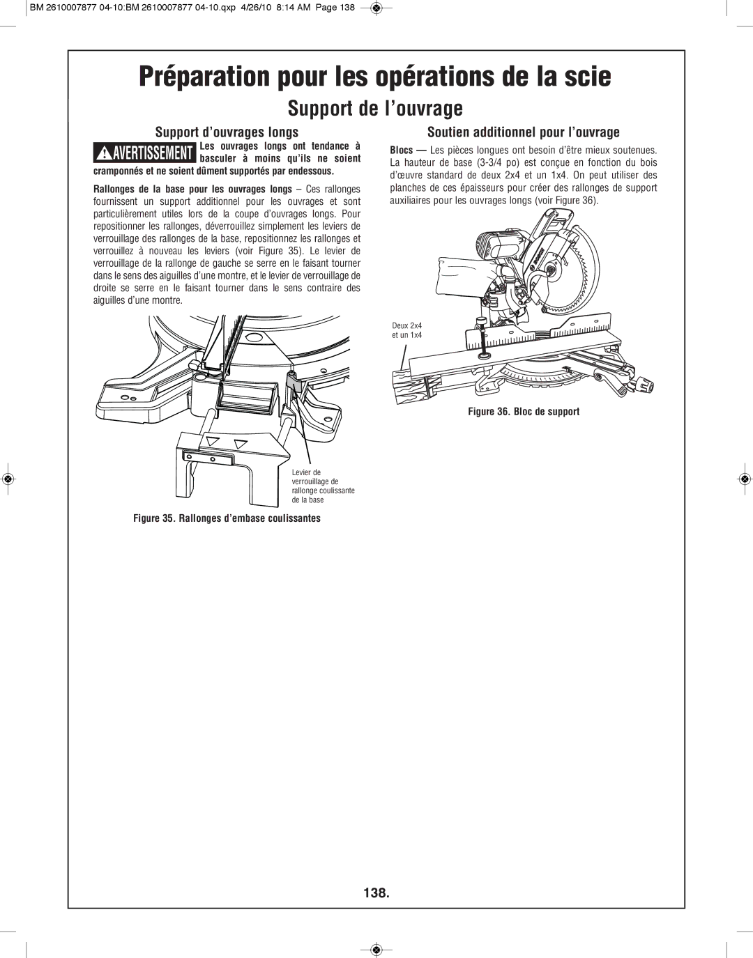 Bosch Power Tools GCM12SD manual Support d’ouvrages longs, Soutien additionnel pour l’ouvrage, 138 