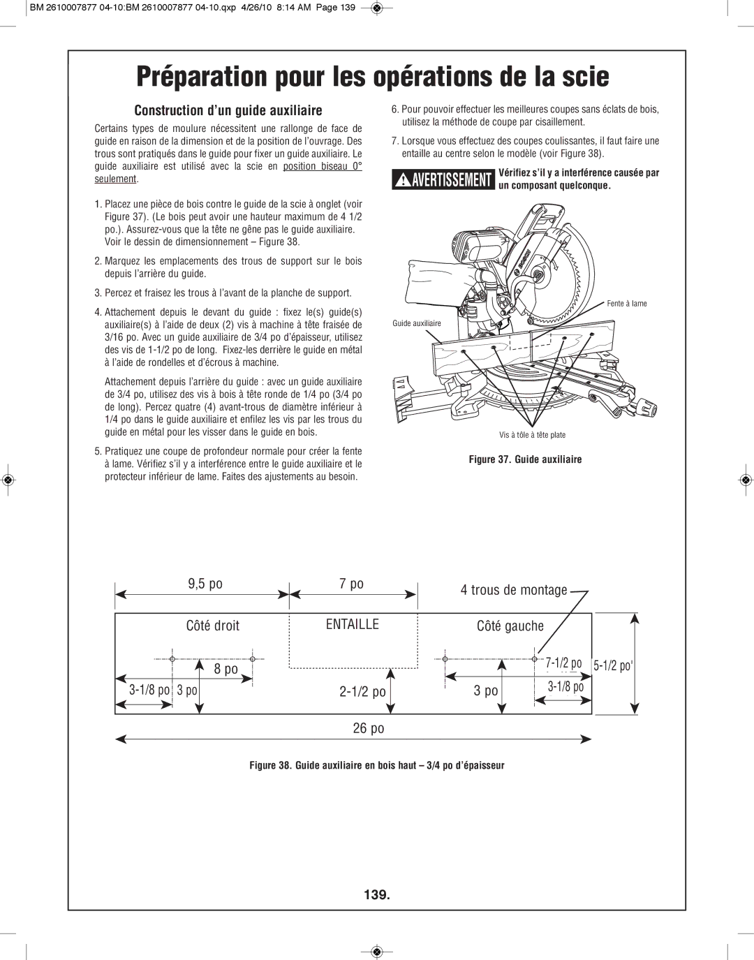 Bosch Power Tools GCM12SD manual Construction d’un guide auxiliaire, 139 