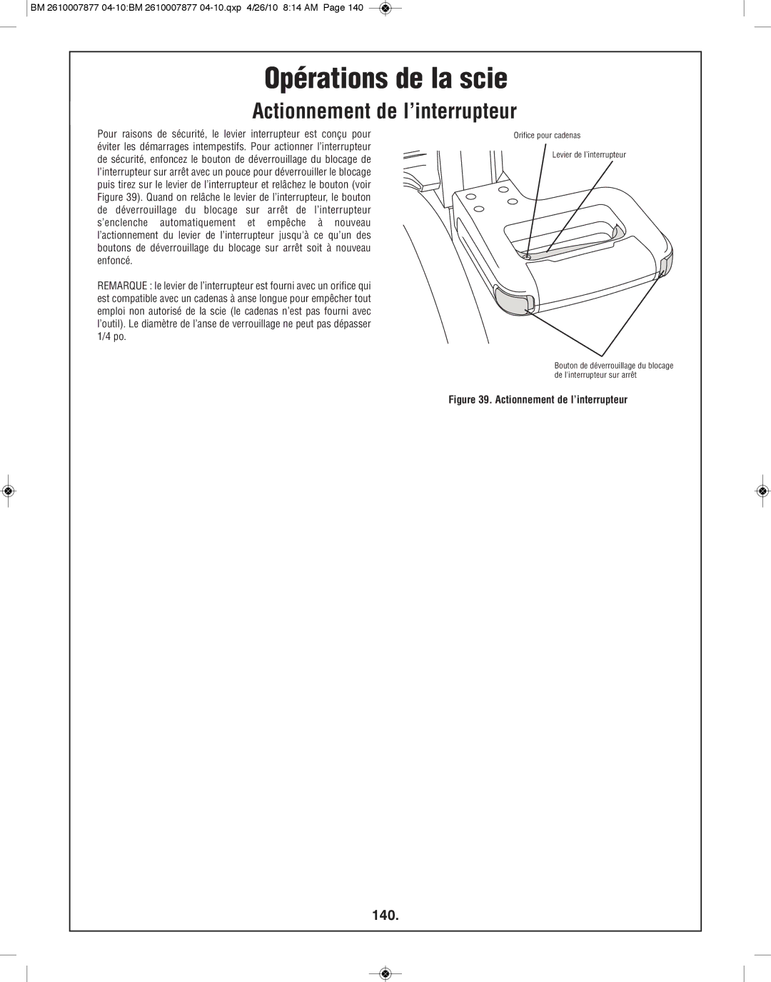 Bosch Power Tools GCM12SD manual Opérations de la scie, Actionnement de l’interrupteur, 140 