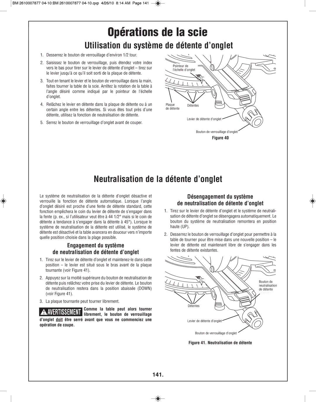 Bosch Power Tools GCM12SD manual Utilisation du système de détente d’onglet, Neutralisation de la détente d’onglet, 141 