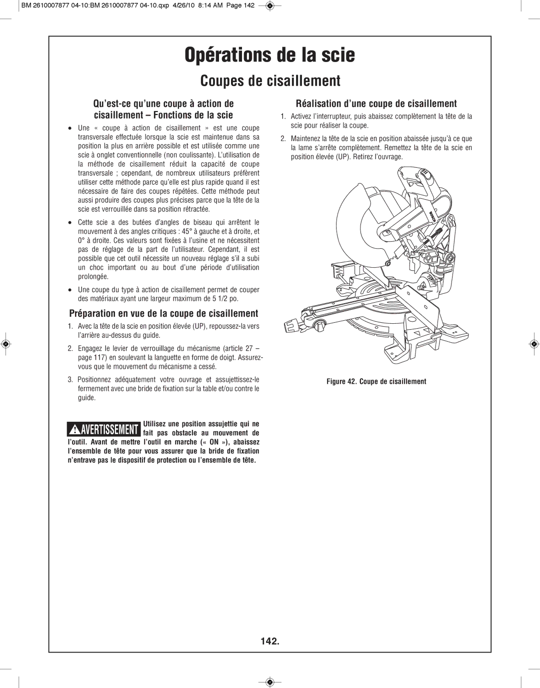 Bosch Power Tools GCM12SD manual Coupes de cisaillement, Réalisation d’une coupe de cisaillement, 142 