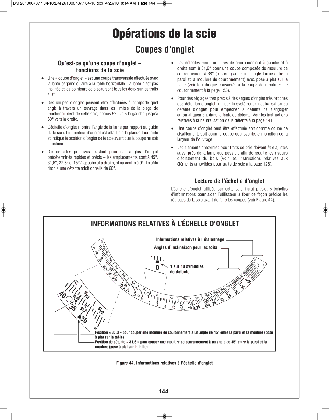 Bosch Power Tools GCM12SD manual Coupes d’onglet, Qu’est-ce qu’une coupe d’onglet Fonctions de la scie, 144 