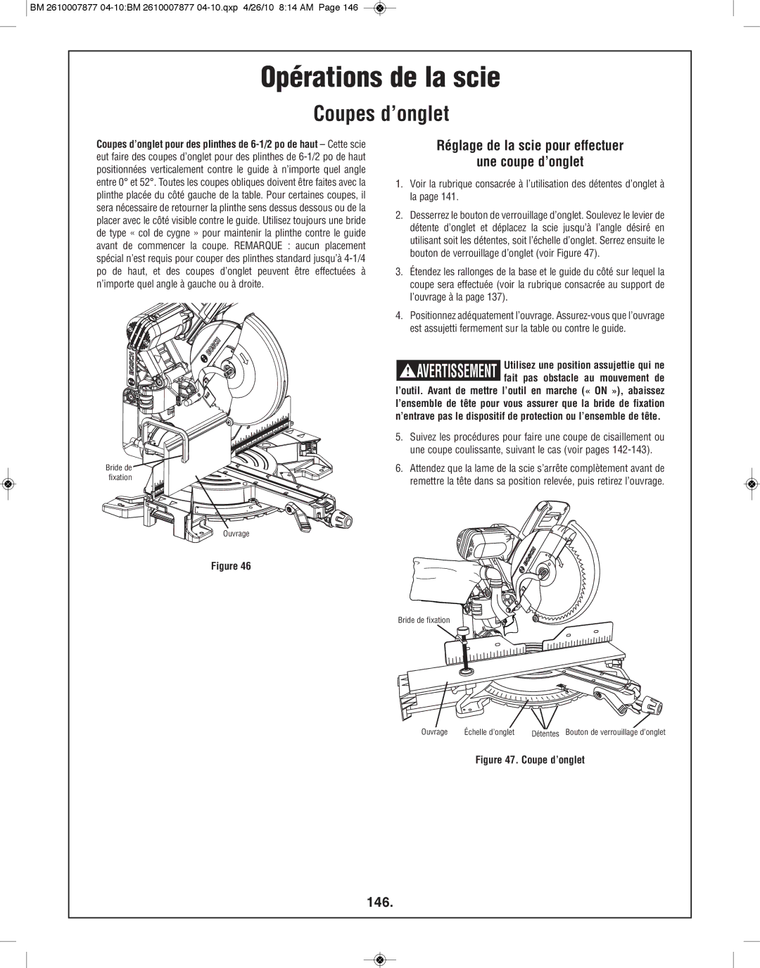 Bosch Power Tools GCM12SD manual Réglage de la scie pour effectuer Une coupe d’onglet, 146 