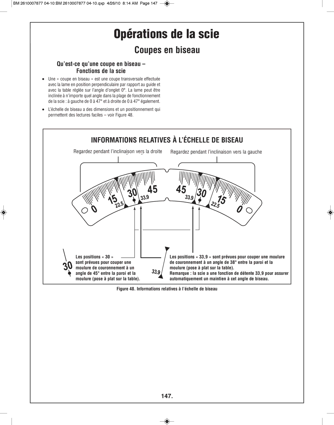 Bosch Power Tools GCM12SD manual Coupes en biseau, Qu’est-ce qu’une coupe en biseau Fonctions de la scie, 147 