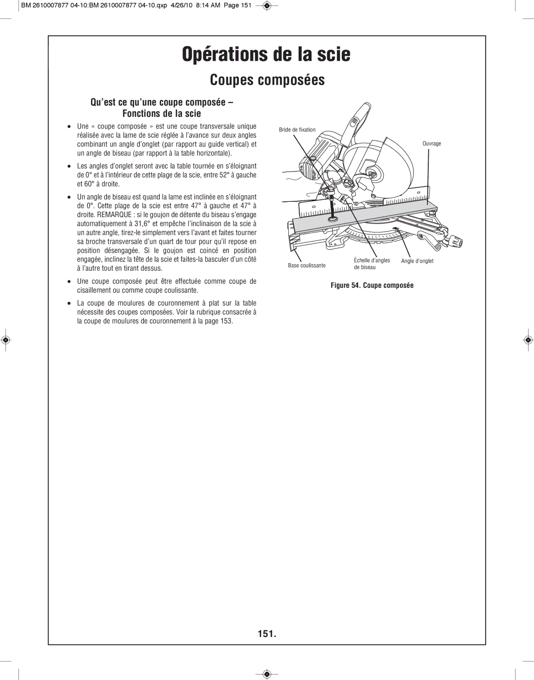 Bosch Power Tools GCM12SD manual Coupes composées, Qu’est ce qu’une coupe composée Fonctions de la scie, 151 