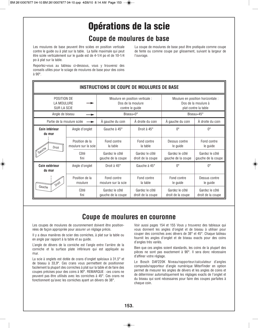 Bosch Power Tools GCM12SD manual Coupe de moulures de base, Coupe de moulures en couronne, 153 