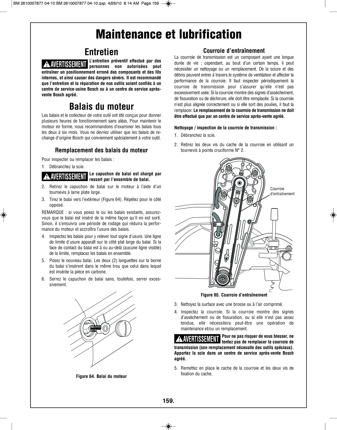 Bosch Power Tools GCM12SD manual Maintenance et lubrification, Entretien, Balais du moteur 