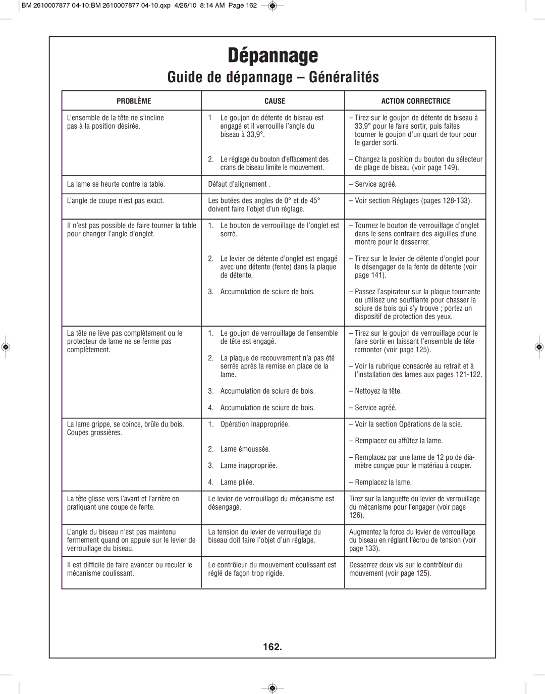 Bosch Power Tools GCM12SD manual Guide de dépannage Généralités, 162 