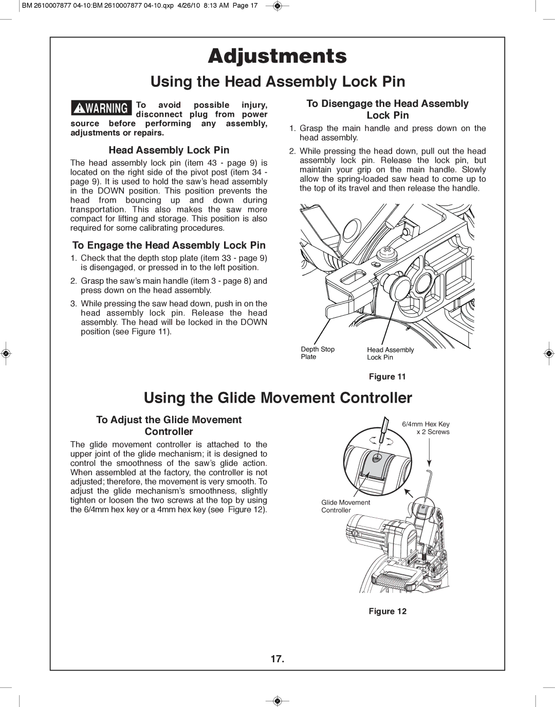 Bosch Power Tools GCM12SD manual Adjustments, Using the Head Assembly lock pin, Using the Glide Movement Controller 