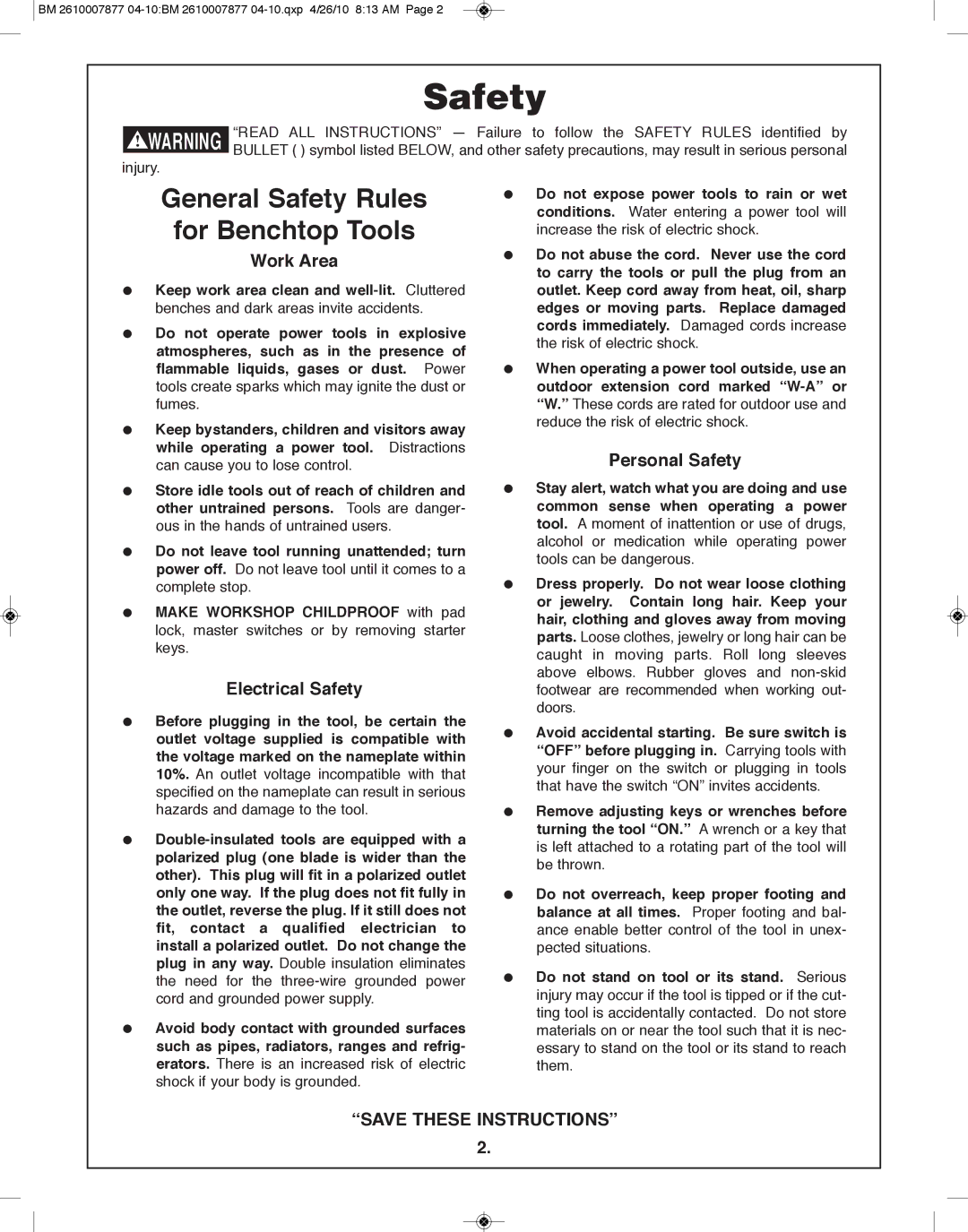 Bosch Power Tools GCM12SD manual General Safety Rules for Benchtop Tools, Work Area, Electrical Safety, Personal Safety 