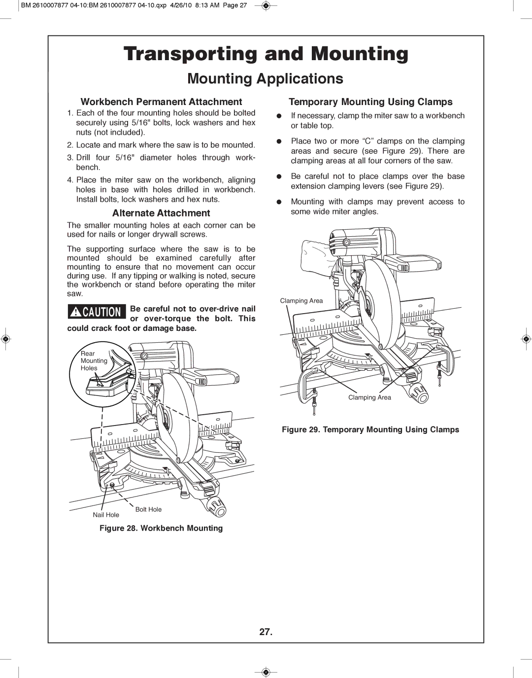 Bosch Power Tools GCM12SD manual Mounting Applications, Workbench permanent Attachment, Alternate Attachment 