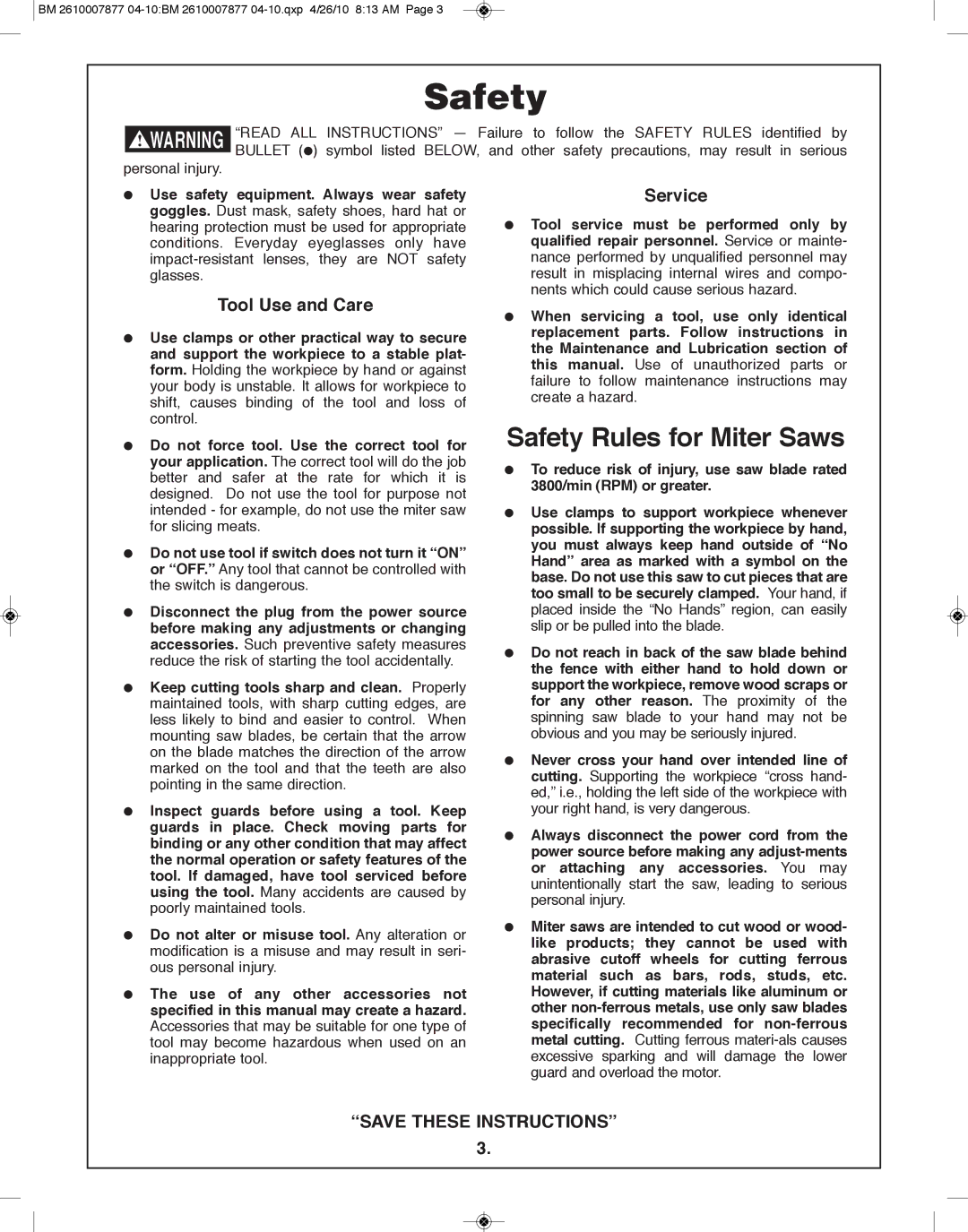 Bosch Power Tools GCM12SD manual Safety Rules for Miter Saws, Tool Use and Care, Service 