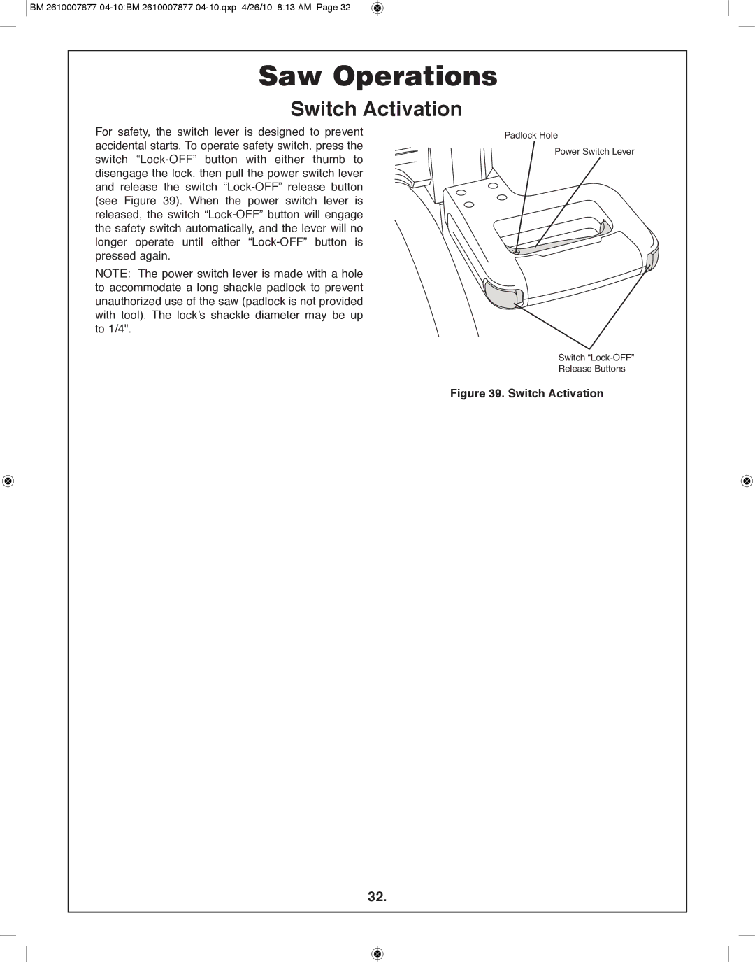 Bosch Power Tools GCM12SD manual Saw Operations, Switch Activation 