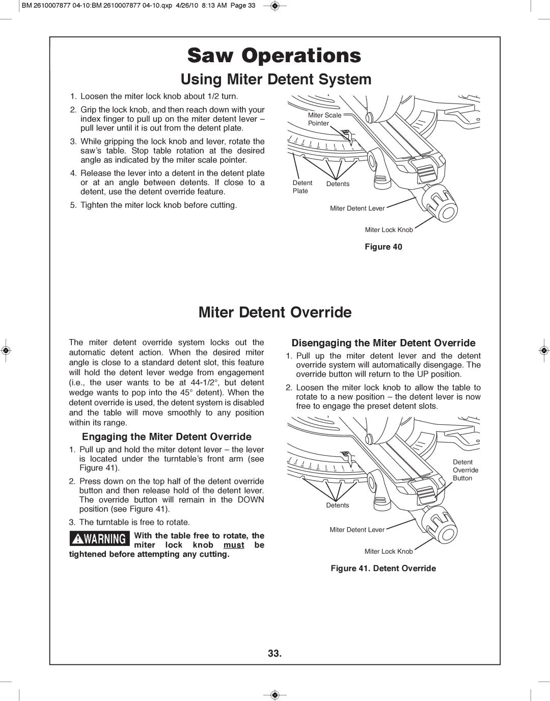 Bosch Power Tools GCM12SD manual Using Miter Detent System, Engaging the Miter Detent Override 