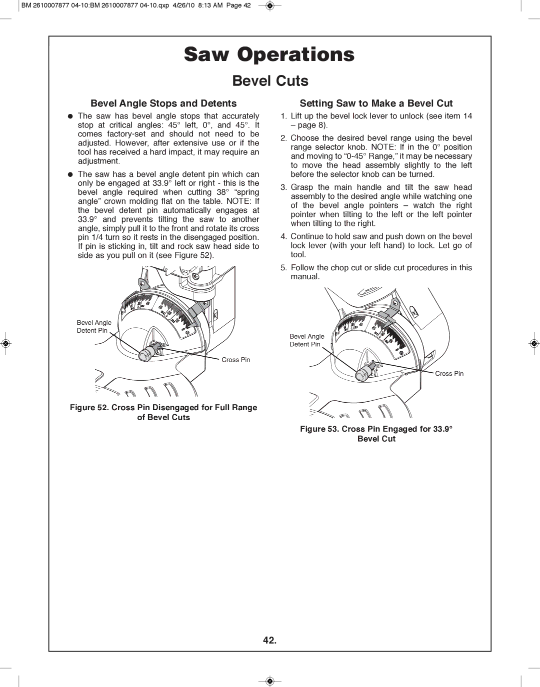 Bosch Power Tools GCM12SD manual Bevel Angle Stops and Detents, Setting Saw to Make a Bevel Cut 