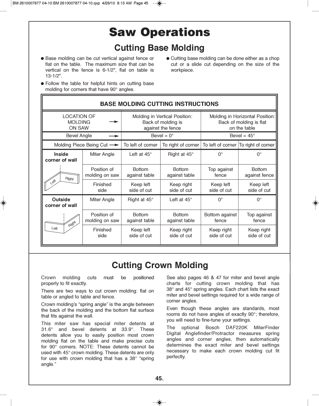 Bosch Power Tools GCM12SD manual Cutting Base Molding, Cutting Crown Molding, Base MOlDING Cutting Instructions 