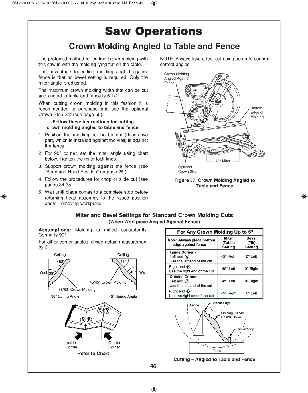 Bosch Power Tools GCM12SD Crown Molding Angled to Table and fence, When Workpiece Angled Against fence, Refer to Chart 