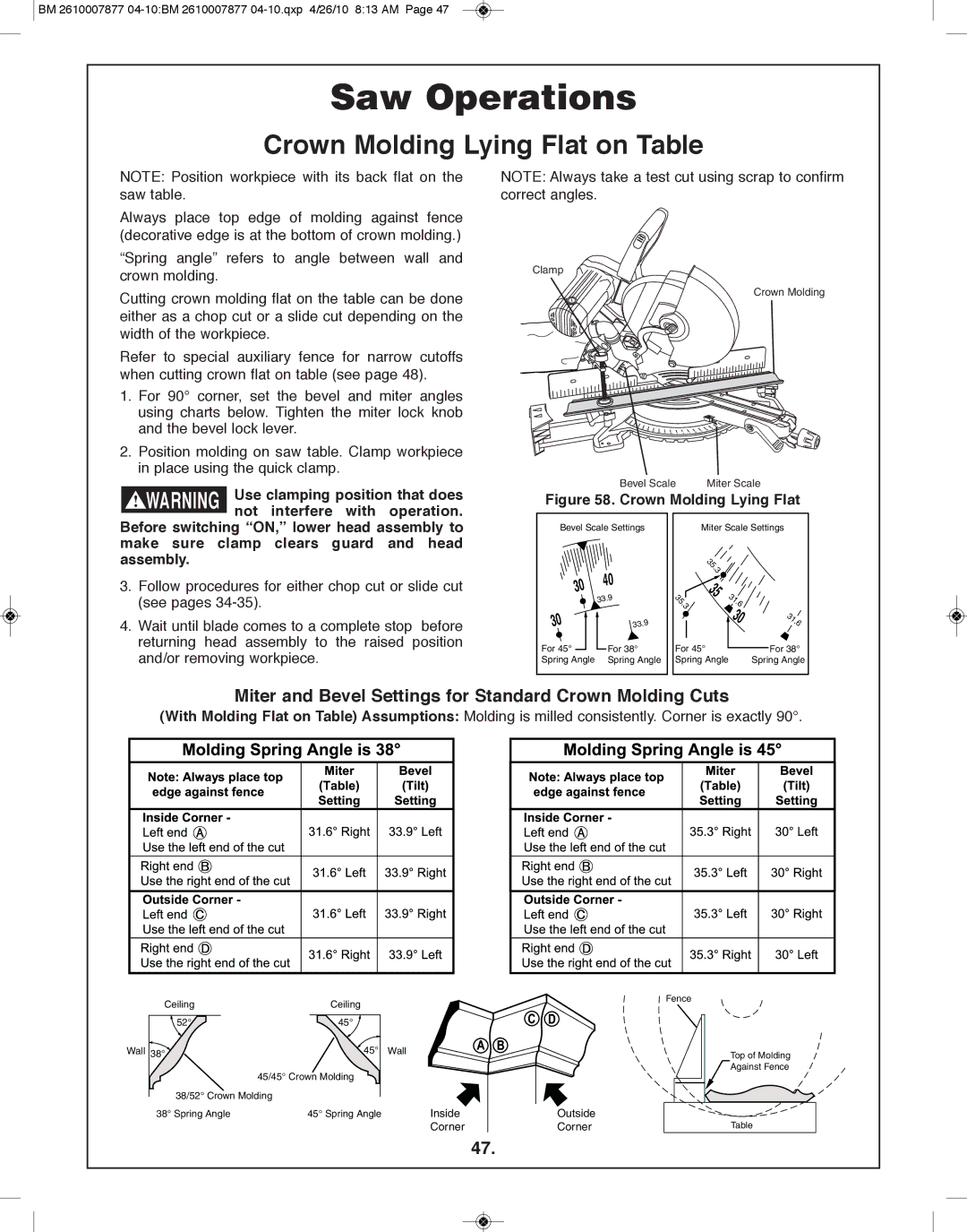 Bosch Power Tools GCM12SD Crown Molding lying flat on Table, Use clamping position that does, Not interfere with operation 