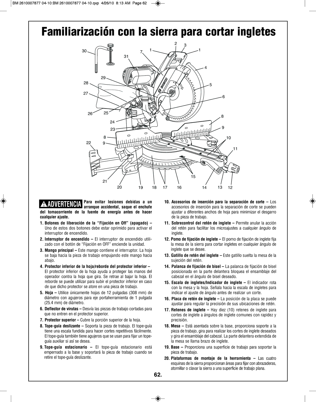 Bosch Power Tools GCM12SD manual Familiarización con la sierra para cortar ingletes 