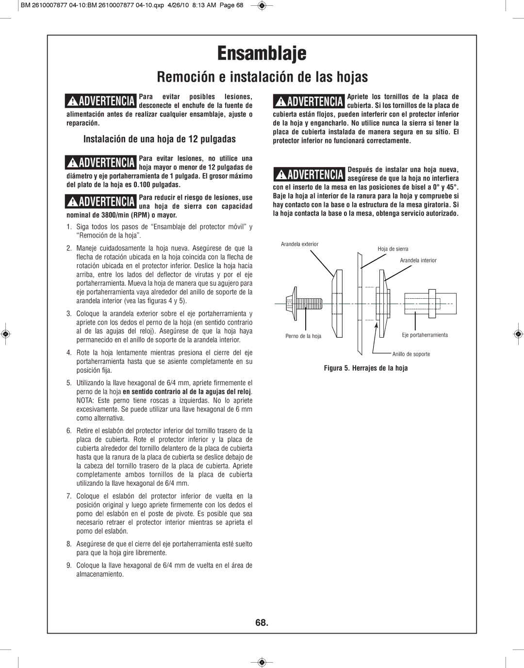 Bosch Power Tools GCM12SD manual Instalación de una hoja de 12 pulgadas, Nominal de 3800/min RPM o mayor 