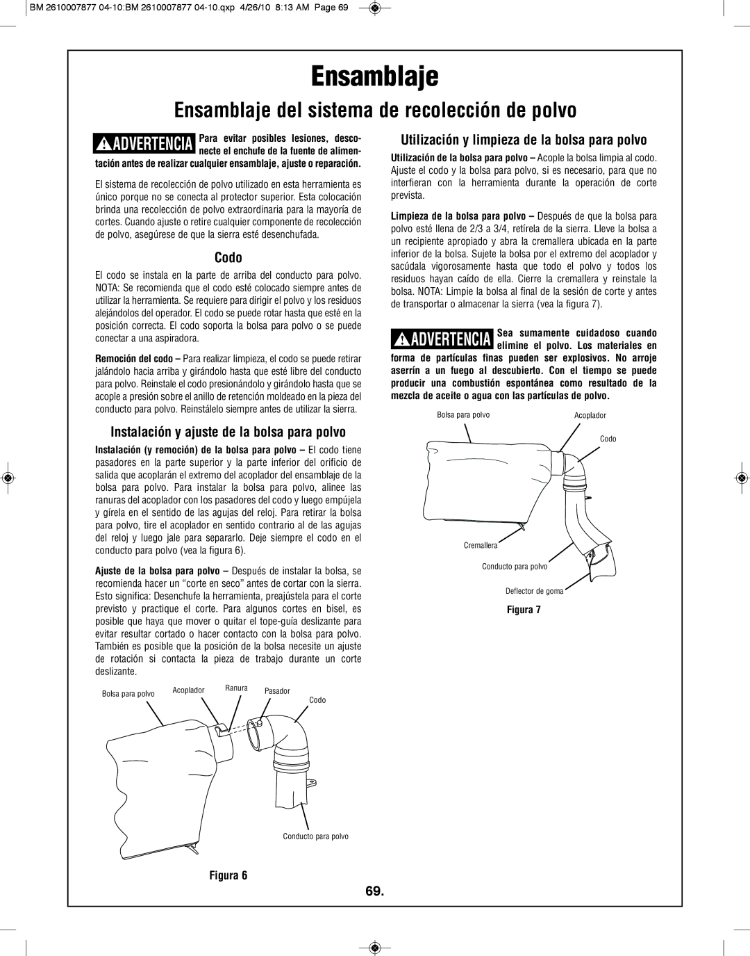 Bosch Power Tools GCM12SD manual Ensamblaje del sistema de recolección de polvo, Codo 