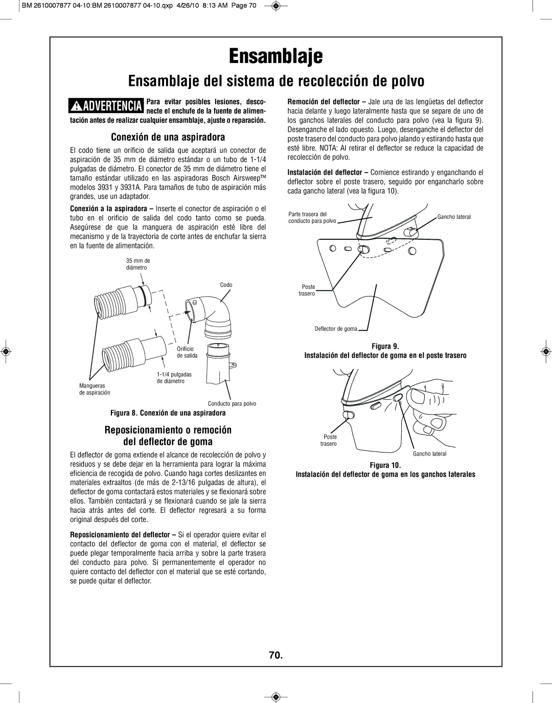 Bosch Power Tools GCM12SD manual Conexión de una aspiradora, Reposicionamiento o remoción Del deflector de goma 