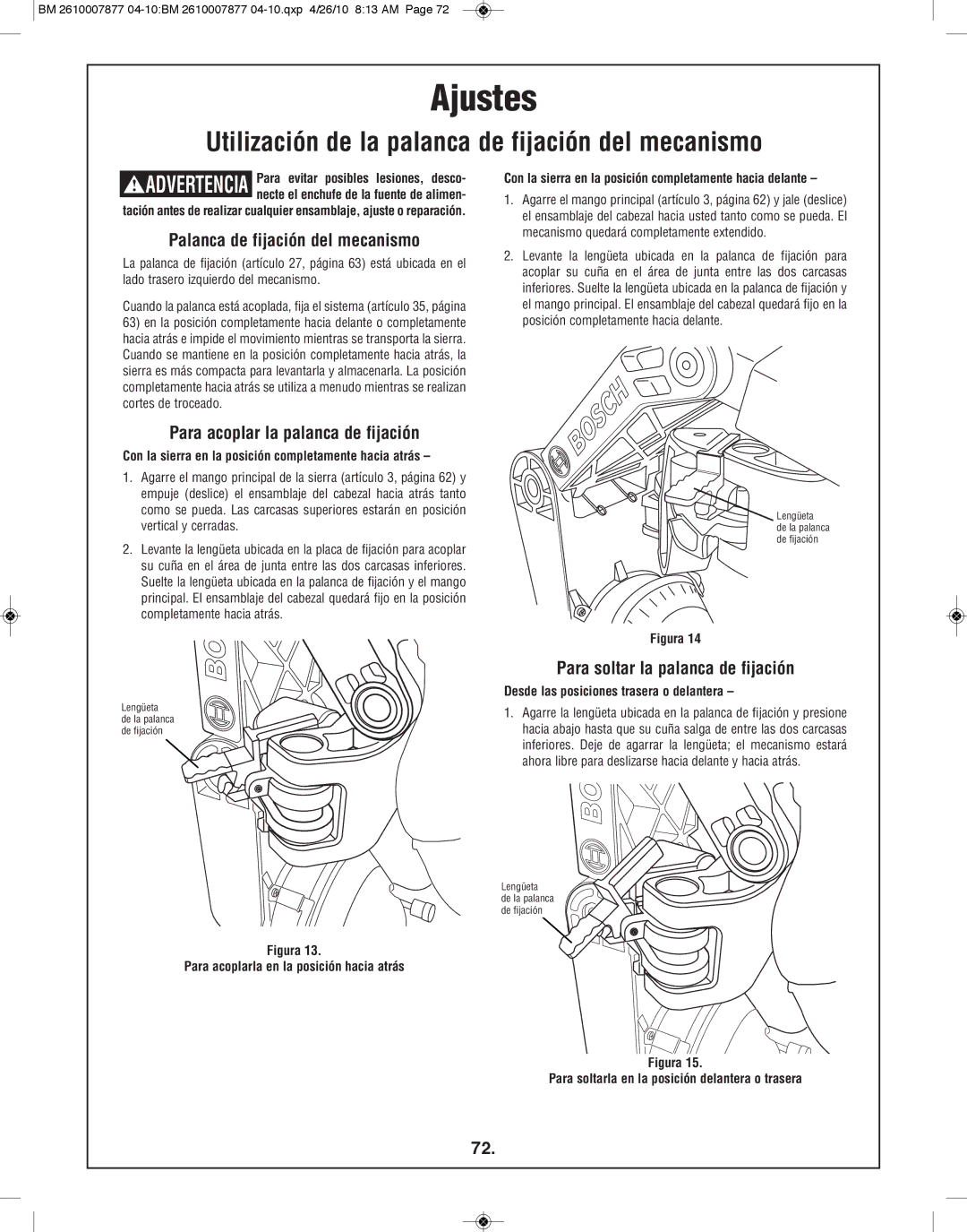 Bosch Power Tools GCM12SD manual Utilización de la palanca de fijación del mecanismo, Palanca de fijación del mecanismo 