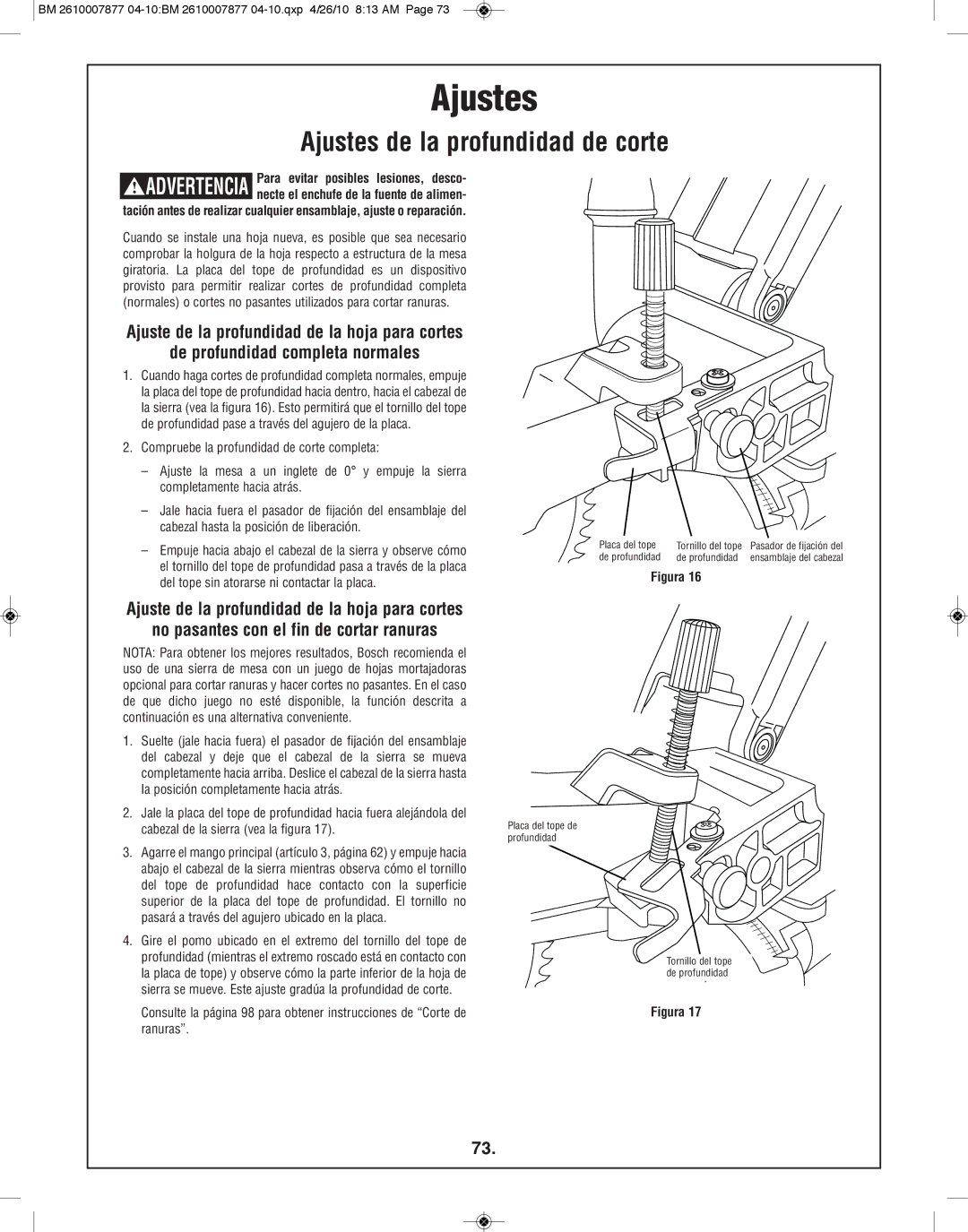 Bosch Power Tools GCM12SD manual Ajustes de la profundidad de corte, De profundidad completa normales 