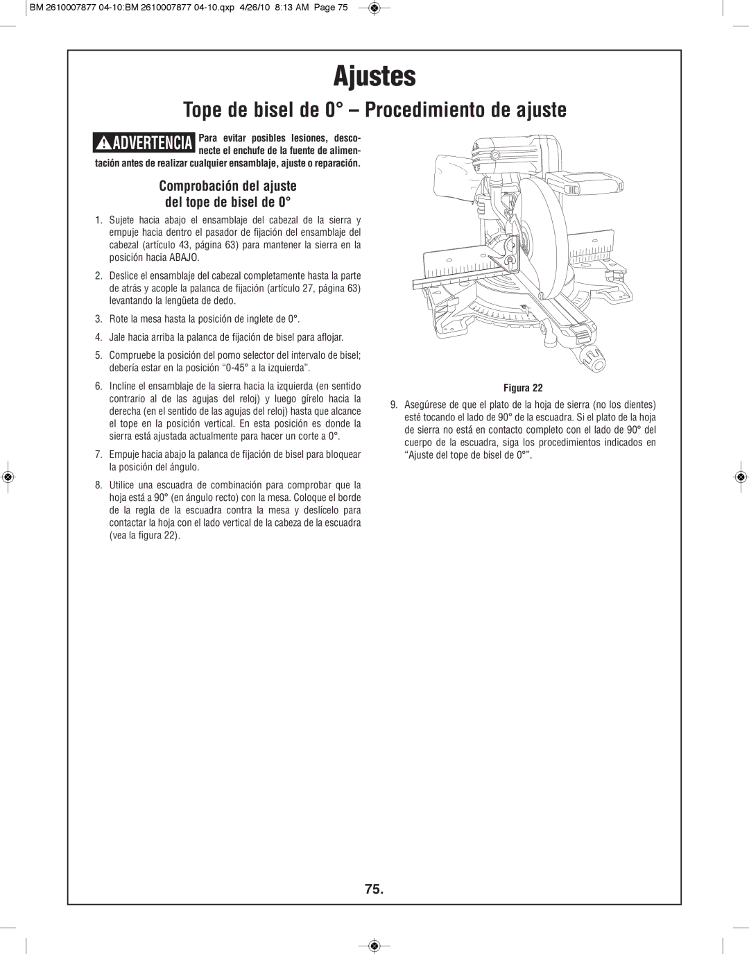 Bosch Power Tools GCM12SD manual Tope de bisel de 0 Procedimiento de ajuste, Comprobación del ajuste del tope de bisel de 