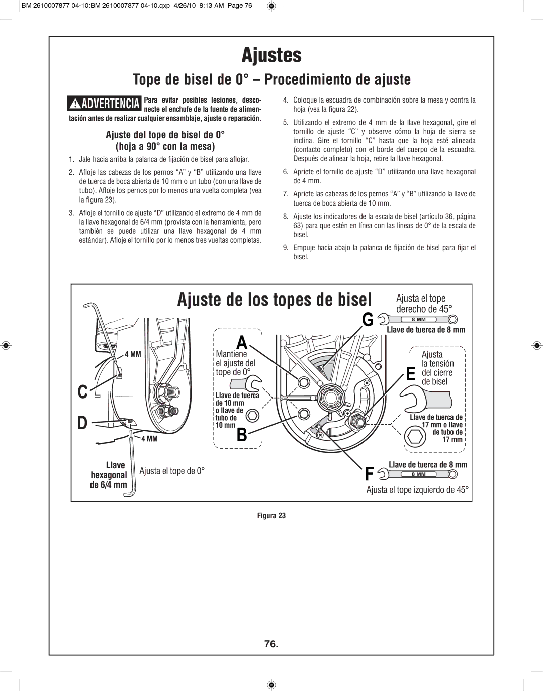 Bosch Power Tools GCM12SD manual Ajuste del tope de bisel de Hoja a 90 con la mesa, Ajusta el tope, Derecho de, Llave 