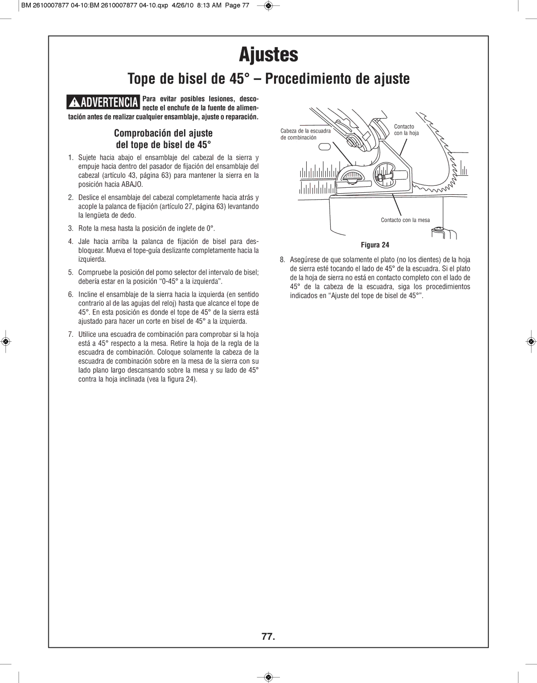 Bosch Power Tools GCM12SD manual Tope de bisel de 45 Procedimiento de ajuste 