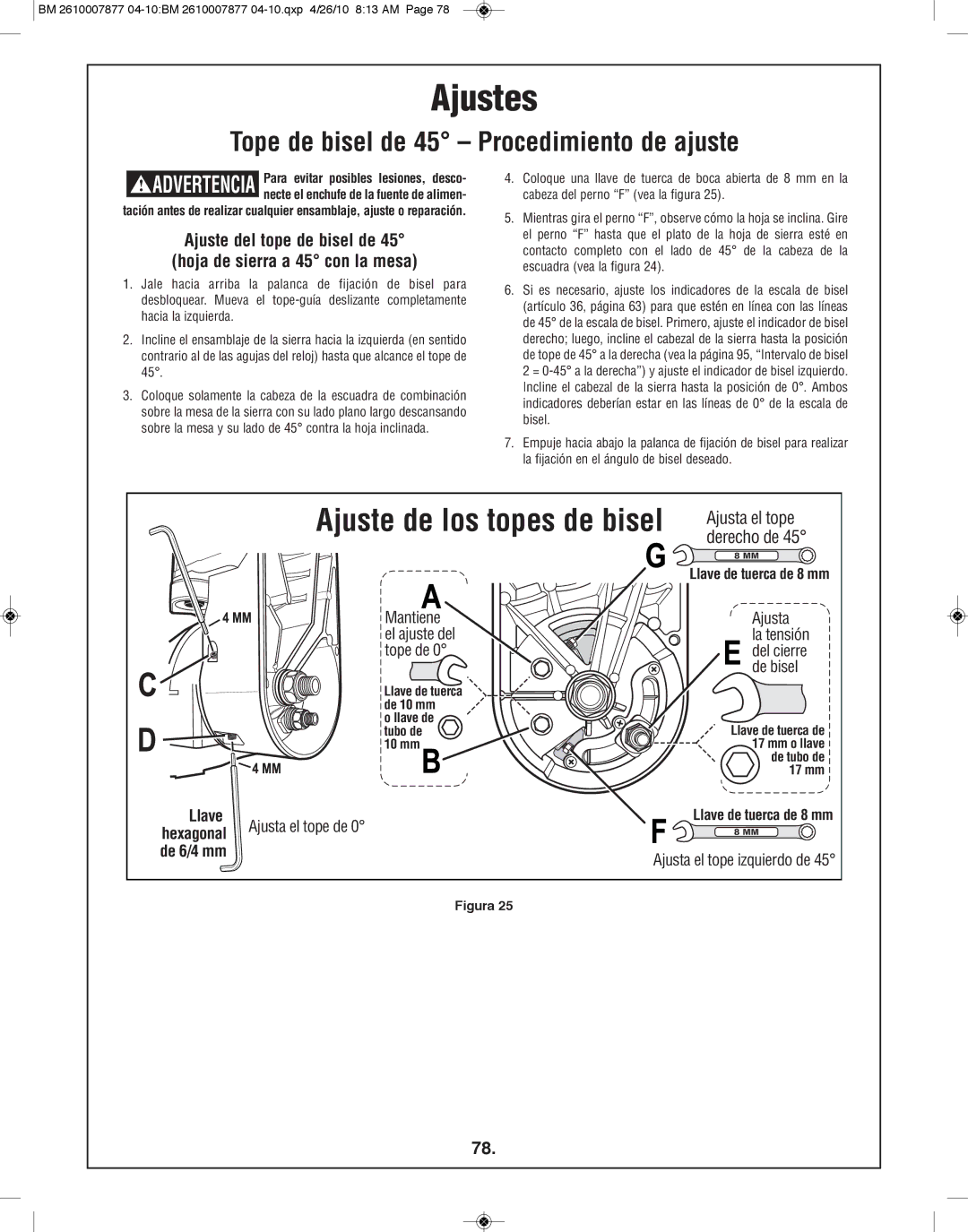 Bosch Power Tools GCM12SD manual Ajuste del tope de bisel de Hoja de sierra a 45 con la mesa 