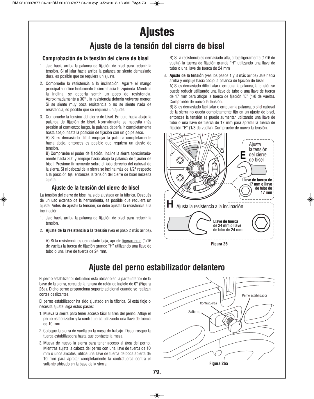 Bosch Power Tools GCM12SD manual Ajuste de la tensión del cierre de bisel, Ajuste del perno estabilizador delantero 