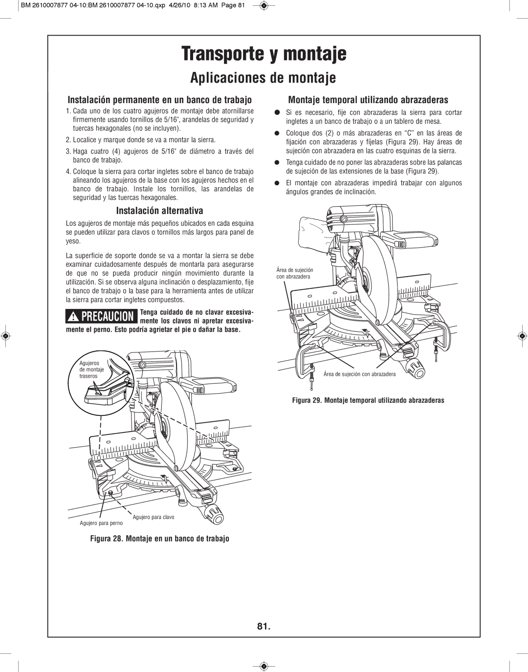 Bosch Power Tools GCM12SD manual Aplicaciones de montaje, Instalación alternativa, Montaje temporal utilizando abrazaderas 