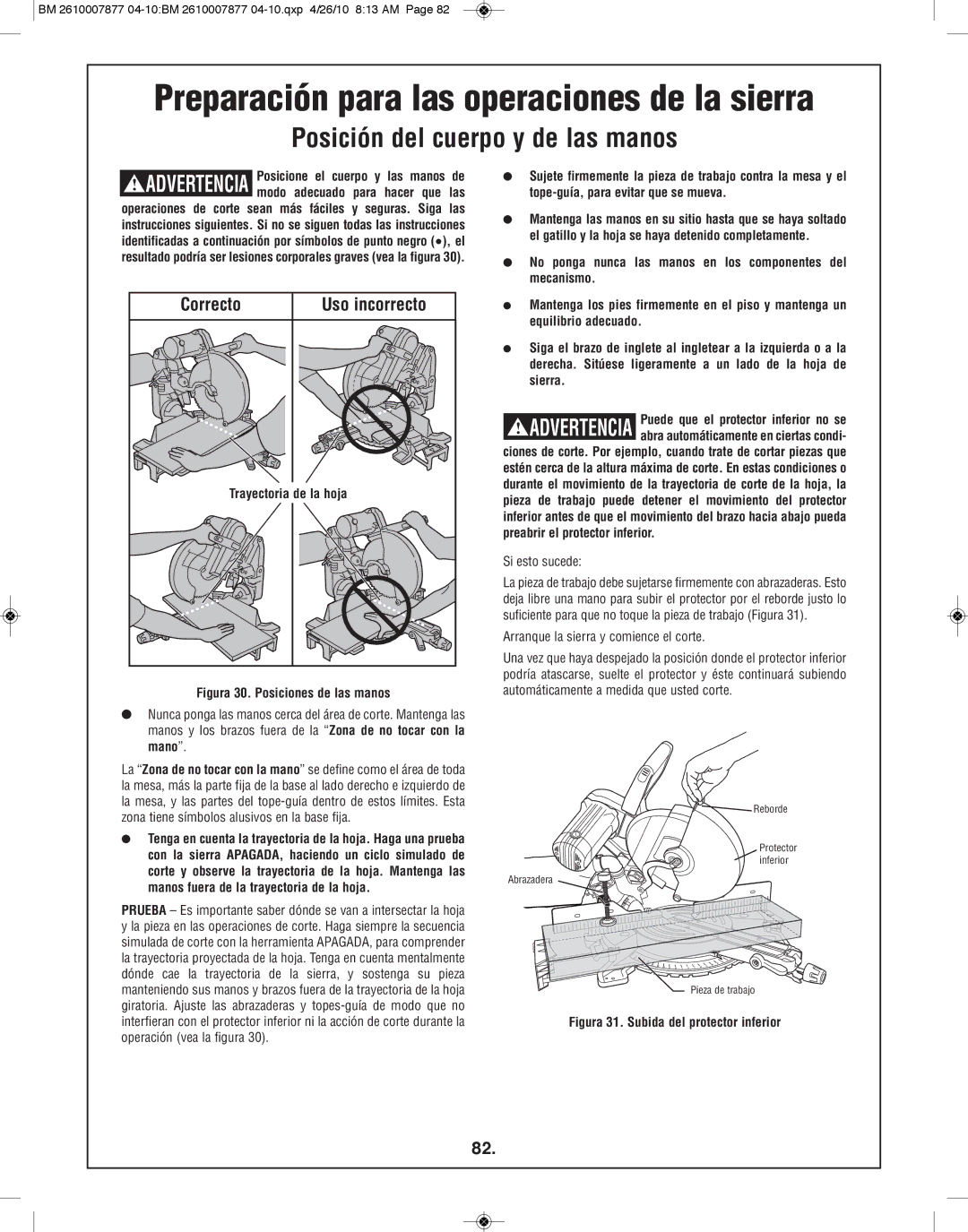 Bosch Power Tools GCM12SD manual Preparación para las operaciones de la sierra, Posición del cuerpo y de las manos 