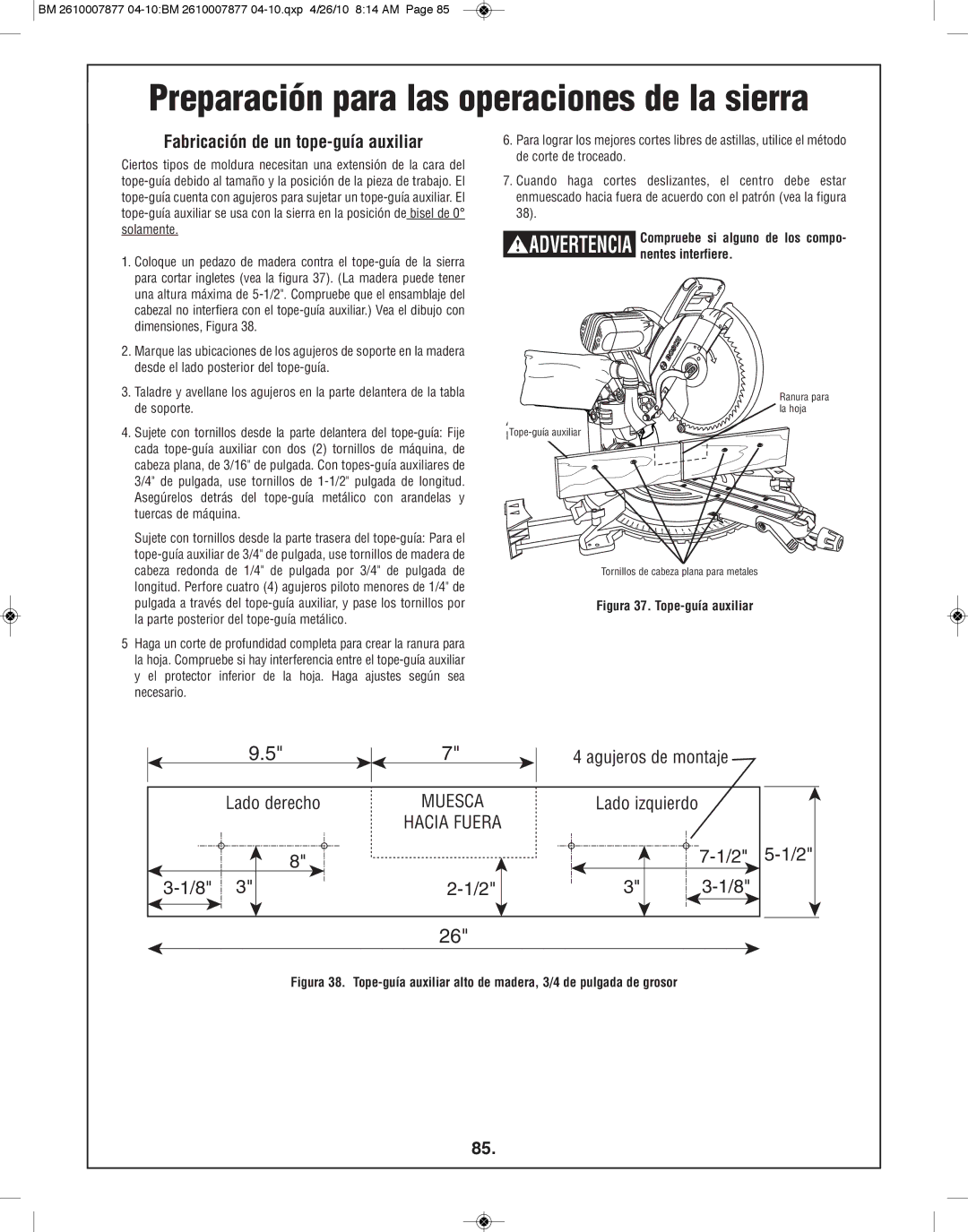 Bosch Power Tools GCM12SD manual Fabricación de un tope-guía auxiliar, Figura 37. Tope-guía auxiliar 