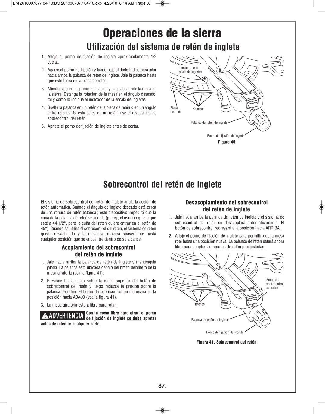 Bosch Power Tools GCM12SD manual Utilización del sistema de retén de inglete, Sobrecontrol del retén de inglete 