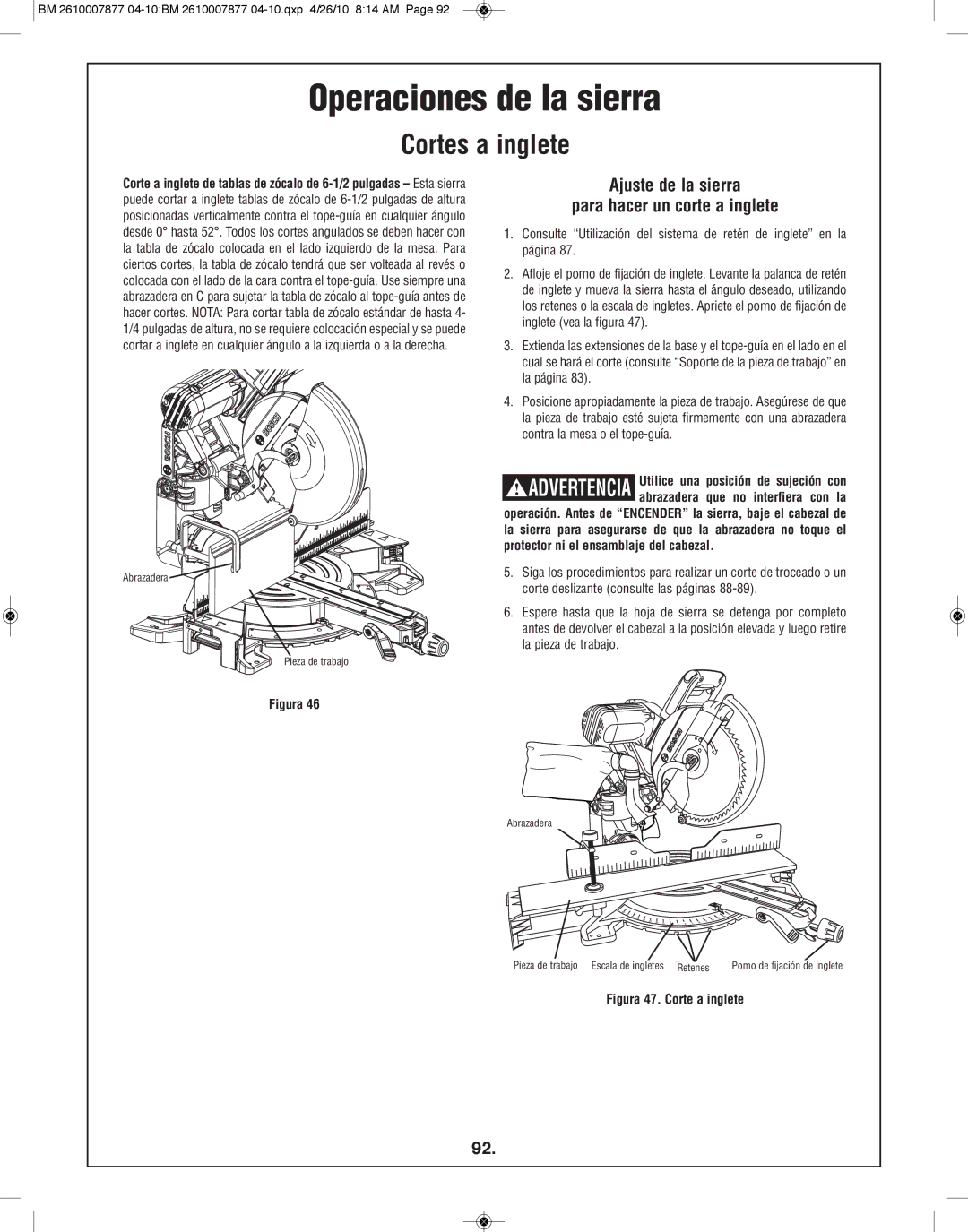 Bosch Power Tools GCM12SD manual Ajuste de la sierra Para hacer un corte a inglete, Figura 47. Corte a inglete 