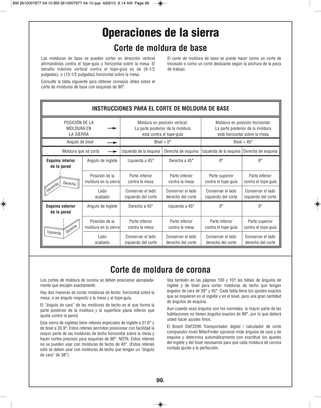 Bosch Power Tools GCM12SD manual Corte de moldura de base, Corte de moldura de corona 